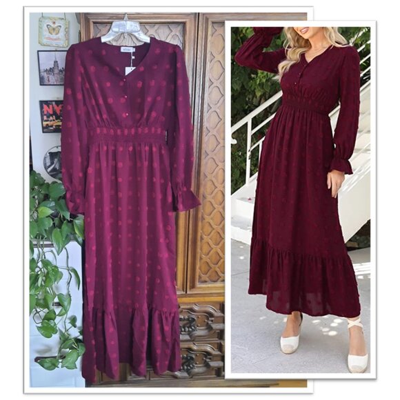 Button Down Smocked Swiss Dot Ruffle Tiered Boho Maxi Dress NWT! - Wine/Red, S - Picture 1 of 16